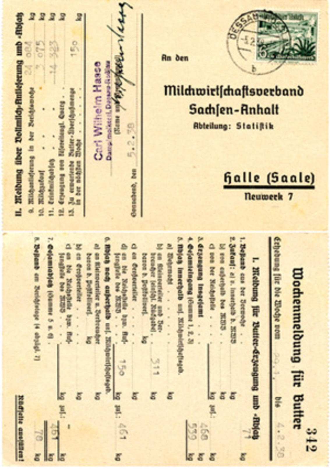 (Lo1186) Werbekarte DR St. Dessau N. Halle Wochenmeldung Für Butter - Sonstige & Ohne Zuordnung