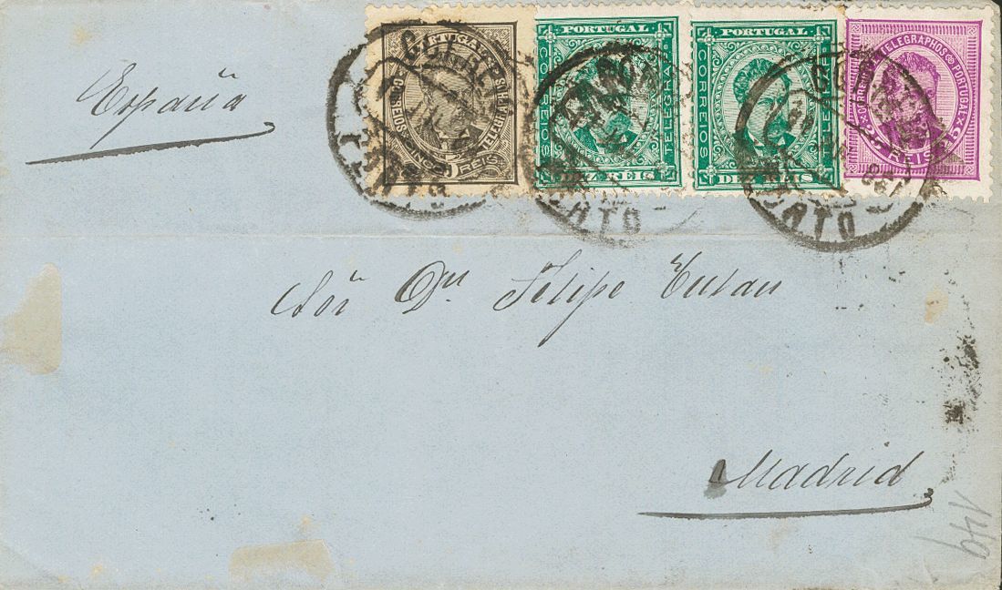 2702 Portugal. 1886. COVER. Yv. 56, 57(2), 60. 5 Reis Gray Black, 10 Reis Green , Two Stamps And 25 Reis Pink Lilac. POR - Andere & Zonder Classificatie