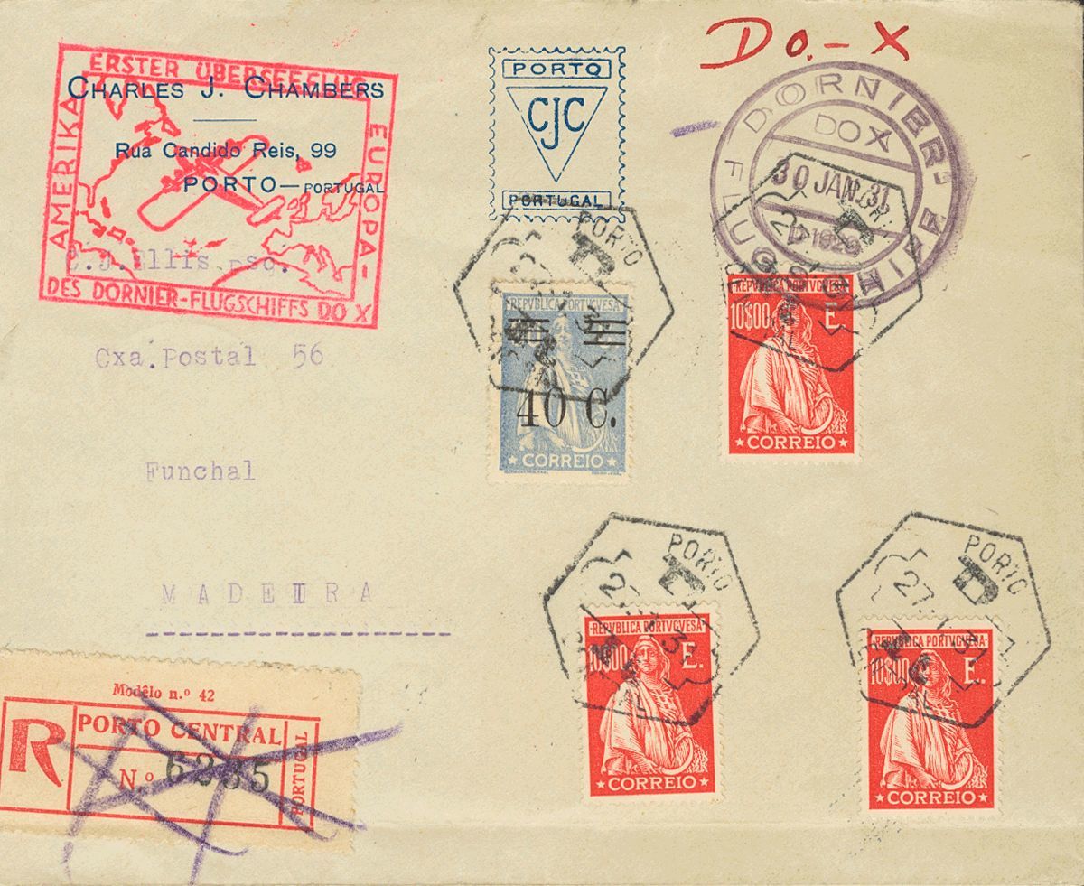 2703 Portugal. 1931. COVER. Yv. 437(3), 479. 10 E Red, Three Stamps And 40 Cts On 90 Cts Blue Gray. Air Mail From PORTO  - Andere & Zonder Classificatie