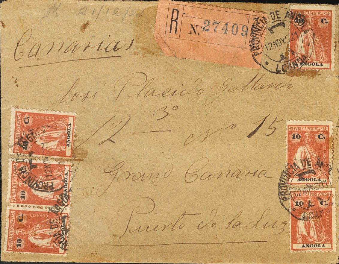 2711 Angola. 1921. COVER. Yv. 151(6). 10 Ctvos. Chestnut Orange, Six Stamps. Registered From LUANDA To PUERTO DE LA LUZ  - Angola