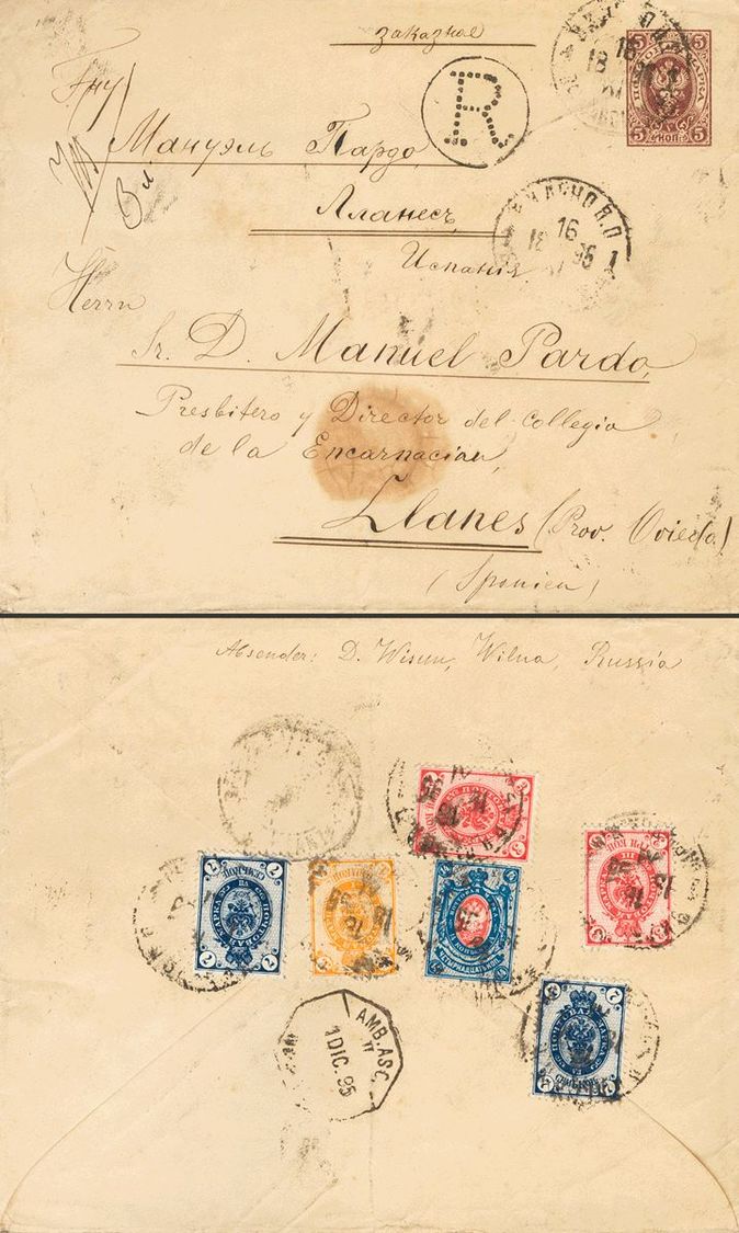 2717 Russia. 1895. COVER. Yv. 38, 40(2), 43(2), 45. 5 K Red Chestnut On Postal Stationery Registered From VILNI (LITHUAN - Andere & Zonder Classificatie
