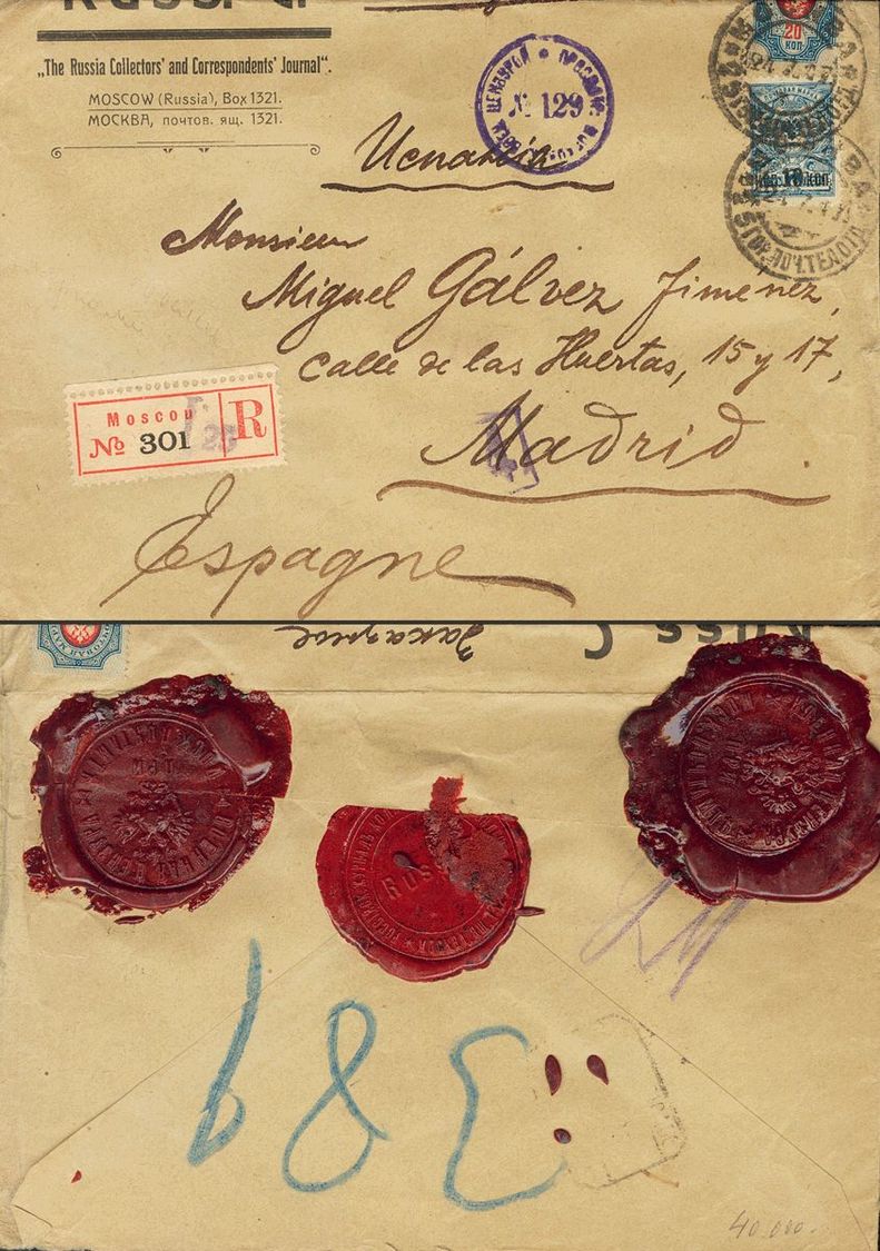2723 Russia. 1917. COVER. Yv. 105, 70. 10 K Over 7 K Blue And 20 K Blue And Pink. Registered From MOSCU To MADRID. On Th - Andere & Zonder Classificatie
