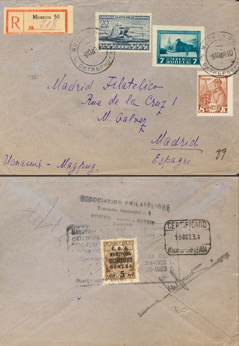 2730 Russia. 1934. COVER. Yv. 487, 328, 412. 20 K Blue Gray, 7 K Blue And 8 K Yellow Chestnut. Registered From MOSCU To  - Andere & Zonder Classificatie