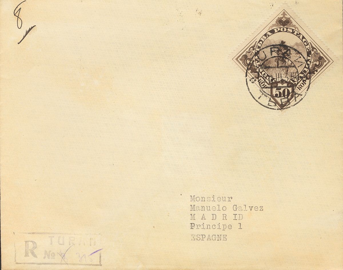 2737 Touva. 1935. COVER. Yv. 53. 50 K Black Chestnut. Registered From TURAN To MADRID. Postmark TURAN / TbBA And On The  - Andere & Zonder Classificatie