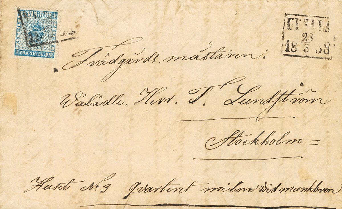 2739 Sweden. 1858. COVER. Yv. 2. 4 Blue Sk. UPSALA To STOCKHOLM. Rectangular Date Postmark UPSALA / 23 / 18.3.58. VERY F - Andere & Zonder Classificatie