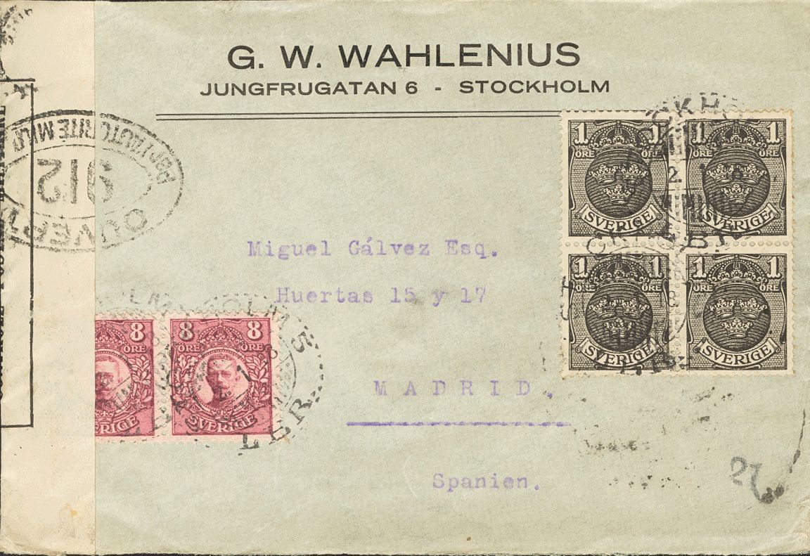 2743 Sweden. 1918. COVER. Yv. 55(4), 63(2). 1 Ore Black, Block Of Four And 8 Ore Lila, Pair. STOCKHOLM To MADRID. On Rev - Andere & Zonder Classificatie