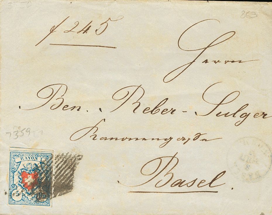 2750 Switzerland. 1853. COVER. Yv. 20. 5 R Blue And Red RAYON I. Addressed To BASEL. VERY FINE. - Andere & Zonder Classificatie