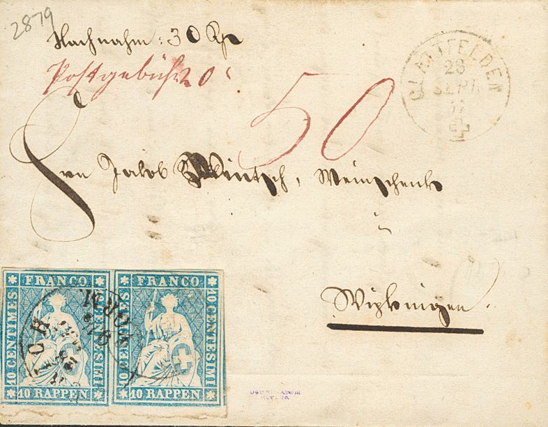 2751 Switzerland. 1857. COVER. Yv. 27(2). 10 R Light Blue, Pair With Lower Leaf Edge. GLATTFELDEN To WIPKINGEN. C.d.s. G - Andere & Zonder Classificatie