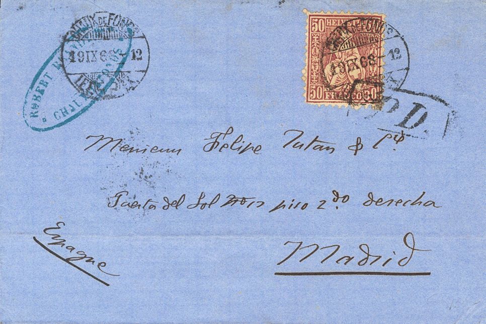 2754 Switzerland. 1868. COVER. Yv. 48. 50 Cts Lilac. CHAUX DE FONDS To MADRID. Postmark CHAUX DE FONDS And Mark P.D. VER - Andere & Zonder Classificatie