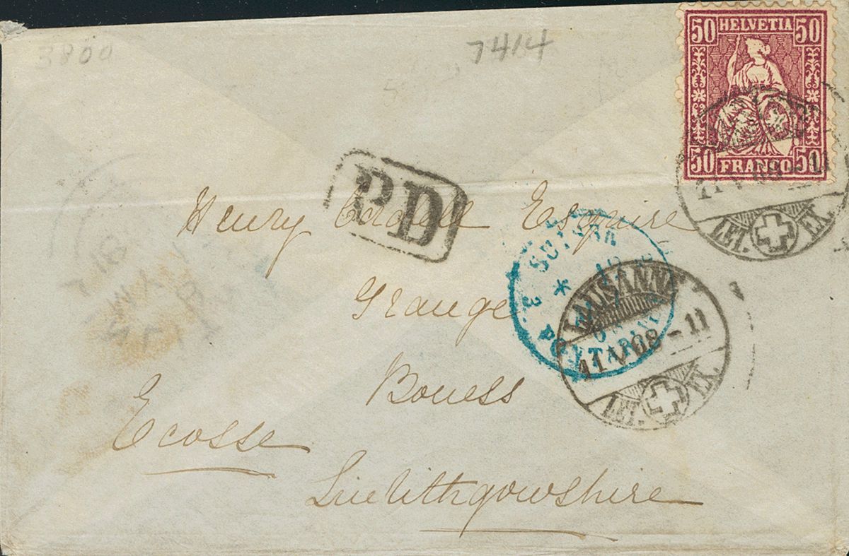 2755 Switzerland. 1868. COVER. Yv. 48. 50 Cts Lilac. LAUSANNE To BONESS (SCOTLAND). On The Back Arrival LINLITHGOW. VERY - Andere & Zonder Classificatie