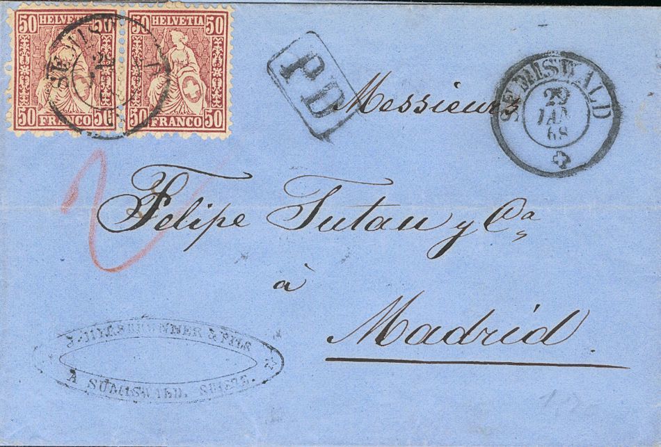 2756 Switzerland. 1868. COVER. Yv. 48(2). 50 Cts Lilac, Pair. SUMISWALD To MADRID. C.d.s. SUMISWALD. VERY FINE AND RARE. - Andere & Zonder Classificatie