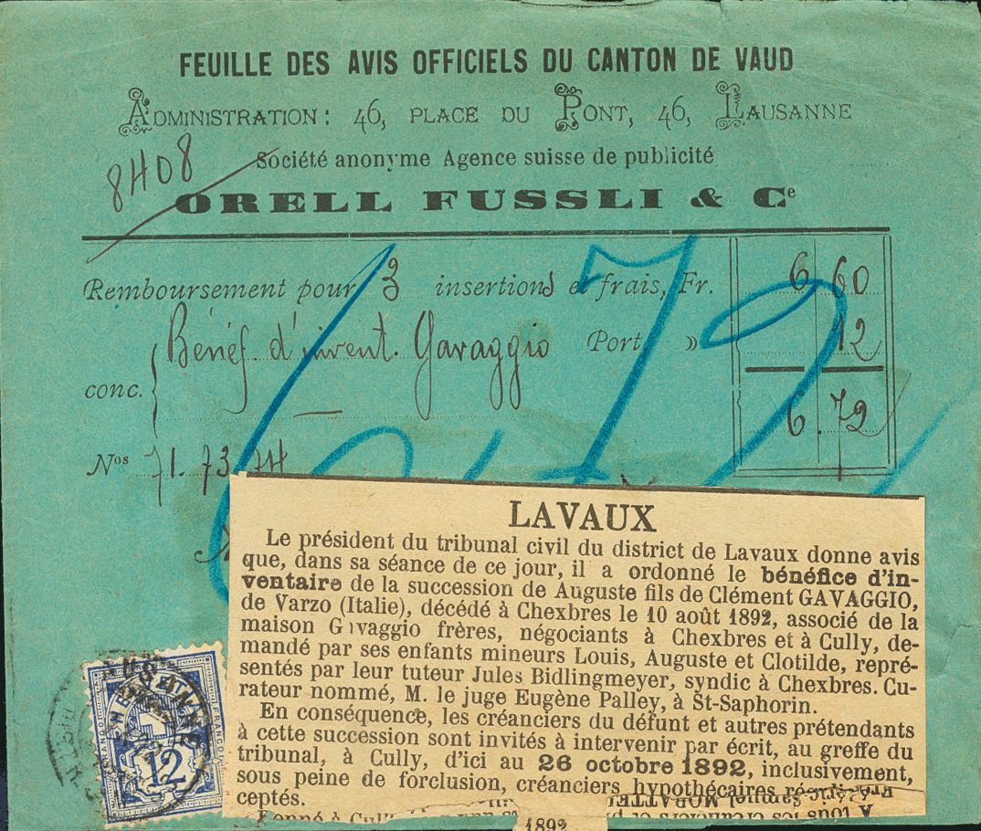 2758 Switzerland. 1892. COVER. Yv. 68. 12 Cts Ultramarine. Printed Matter Wrapper From FEVILLE DES AVIS OFFICIES DU CANT - Andere & Zonder Classificatie