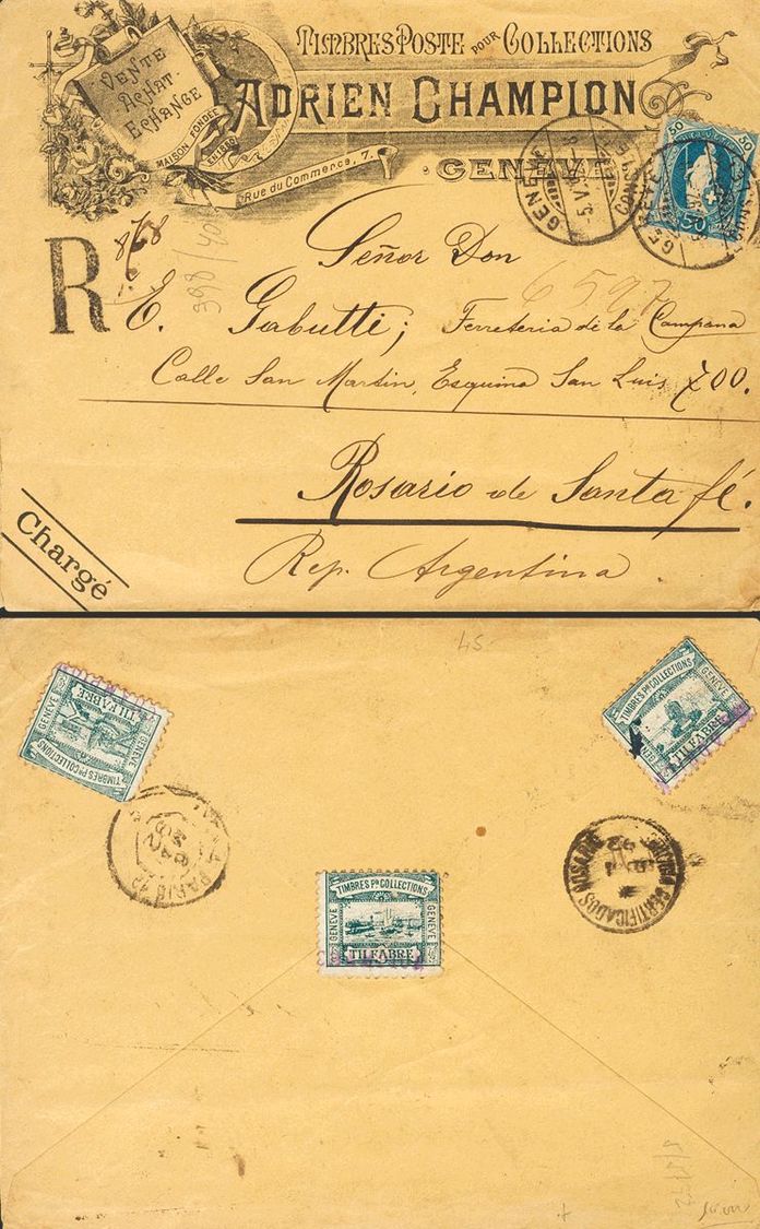 2761 Switzerland. 1892. COVER. Yv. 84. 50 Cts Blue. Cover With Philatelic Stationery ADRIEN CHAMPION Registered From GEN - Andere & Zonder Classificatie