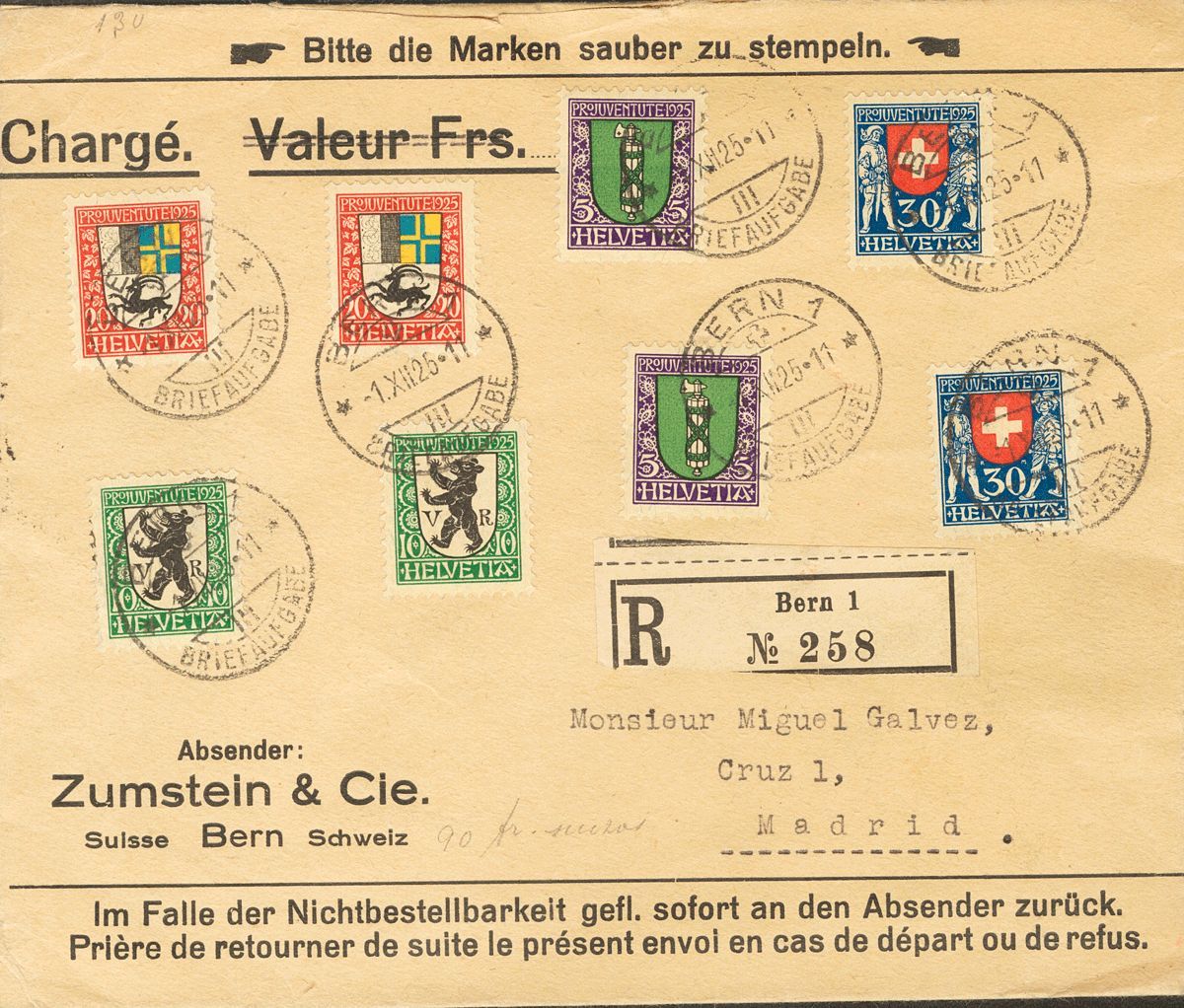 2762 Switzerland. 1925. COVER. Yv. 218/21(2). Two Complete Sets Registered From BERNA To MADRID. On The Back Vignettes O - Andere & Zonder Classificatie