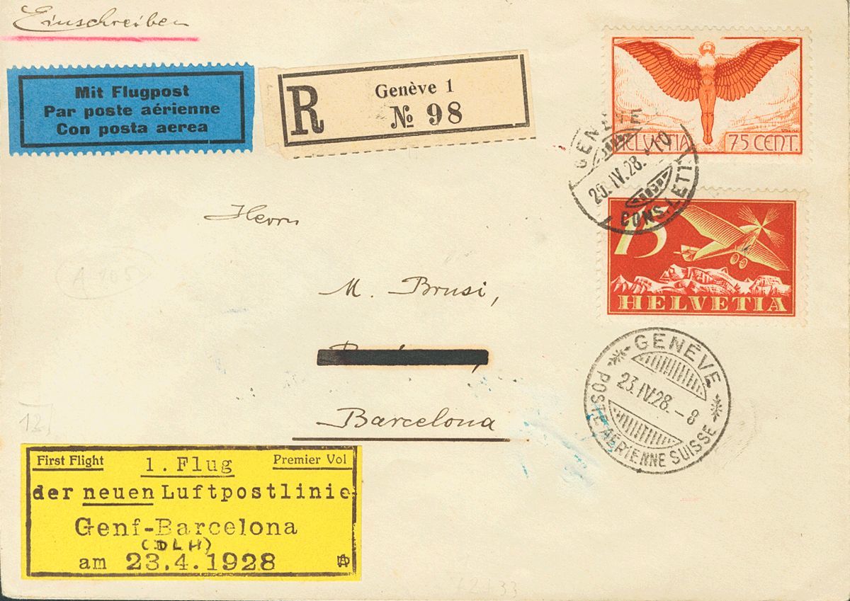 2763 Switzerland. Airmail. 1928. COVER. Yv. 3, 11a. 15 Cts Multicolor And 75 Cts Brown And Red. Registered From GENEVA T - Andere & Zonder Classificatie