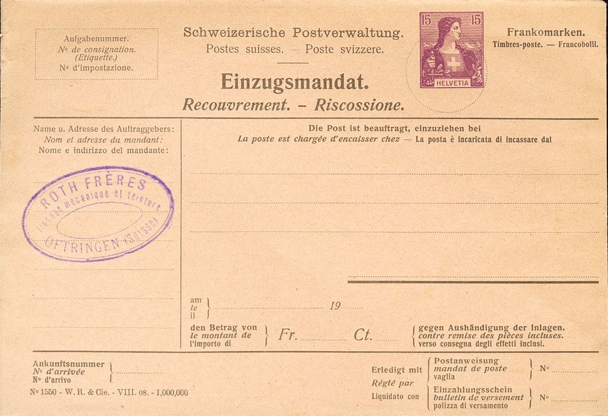 2765 Switzerland. Private Postal Stationery. 1907. Yv. (*) . 15 Cts Violet On Private Postal Stationery Card (Einzugsman - Andere & Zonder Classificatie