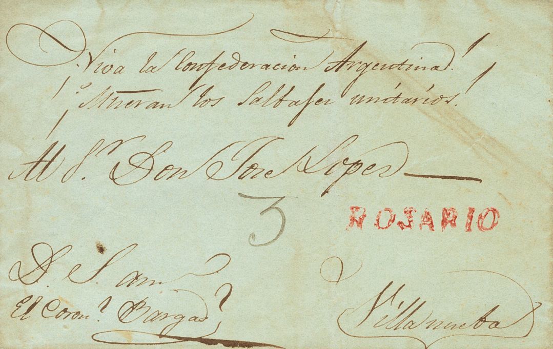 2779 Argentina. Prefilatelia. (1830ca). SOBRE. ROSARIO A VILLANUEVA. Marca ROSARIO, En Rojo Y Manuscrito "Viva La Confed - Andere & Zonder Classificatie