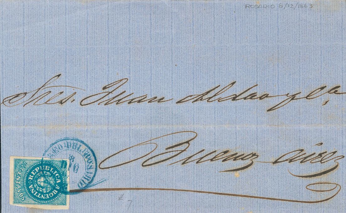 2784 Argentina. 1863. SOBRE. Yv. 7. 15 Ctvos Azul (con Acento). ROSARIO A BUENOS AIRES (envuelta Parcial). Matasello Fec - Andere & Zonder Classificatie