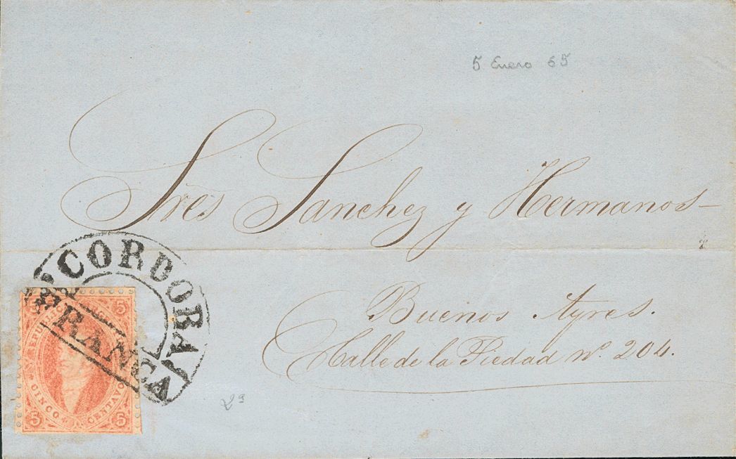 2785 Argentina. 1865. SOBRE. Yv. 11. 5 Ctvos Rosa Rojo 2ª Tirada. CORDOBA A BUENOS AIRES. Matasello CORDOBA / FRANCA. MA - Andere & Zonder Classificatie