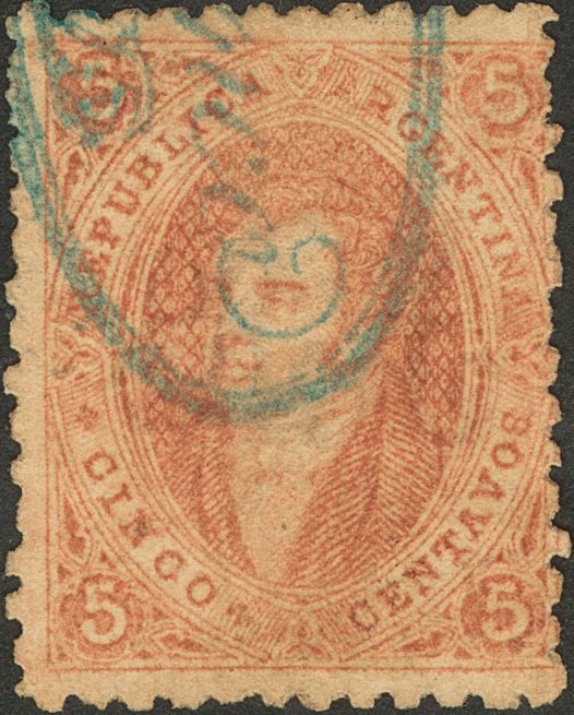 2786 Argentina. 1864. Yv. º 11. 5 Ctvos Rojo Pardo, 1ª Y 2ª Tirada. Matasello De Mensajerías FRANCO (con Ratón), En Azul - Andere & Zonder Classificatie