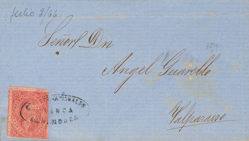 2789 Argentina. 1866. SOBRE. Yv. 11a. 5 Ctvos Rosa Carmín 4ª Tirada (impresión Borrosa). MENDOZA A VALPARAISO (CHILE). M - Andere & Zonder Classificatie