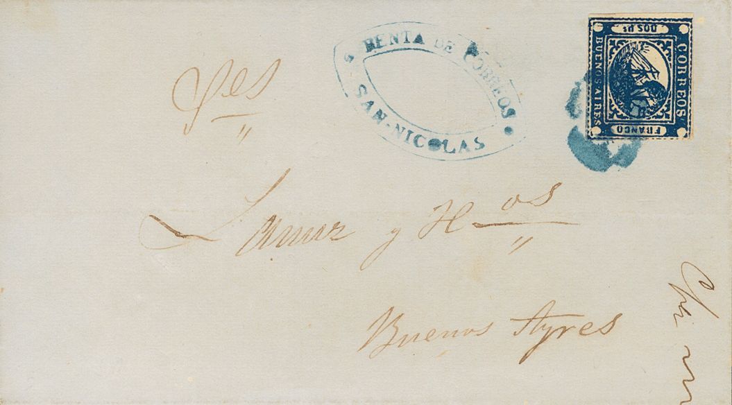 2795 Argentina. Buenos Aires. 1858. SOBRE. Yv. 1. 2 P Azul índigo. SAN NICOLAS A BUENOS AIRES. Matasello "Ponchito", En  - Andere & Zonder Classificatie