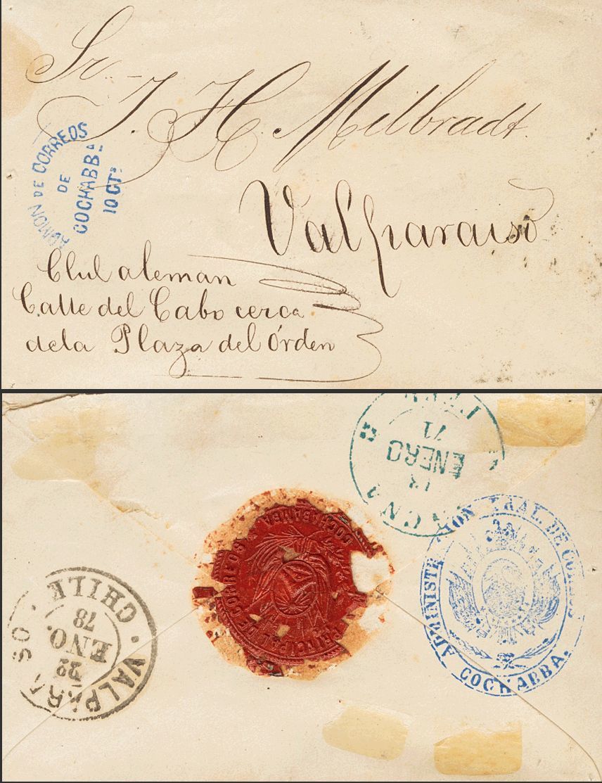 2798 Bolivia. Prefilatelia. 1878. SOBRE. COCHABAMBA A VALPARAISO (CHILE). Marca ADMON DE CORREOS / DE / COCHABBA / 10 CT - Bolivië