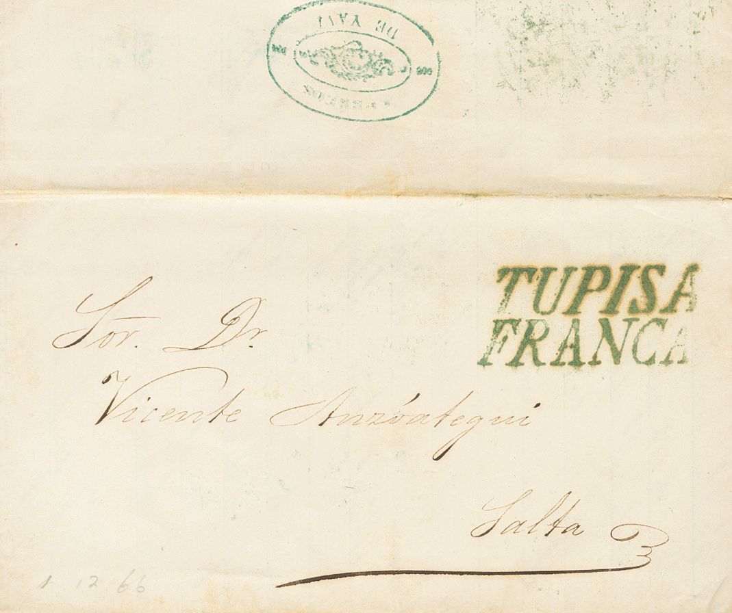 2799 Bolivia. Prefilatelia. 1866. SOBRE. TUPIZA A SALTA. Marcas TUPISA Y FRANCA, En Azul Y Al Dorso Marca CORREOS / DE Y - Bolivië