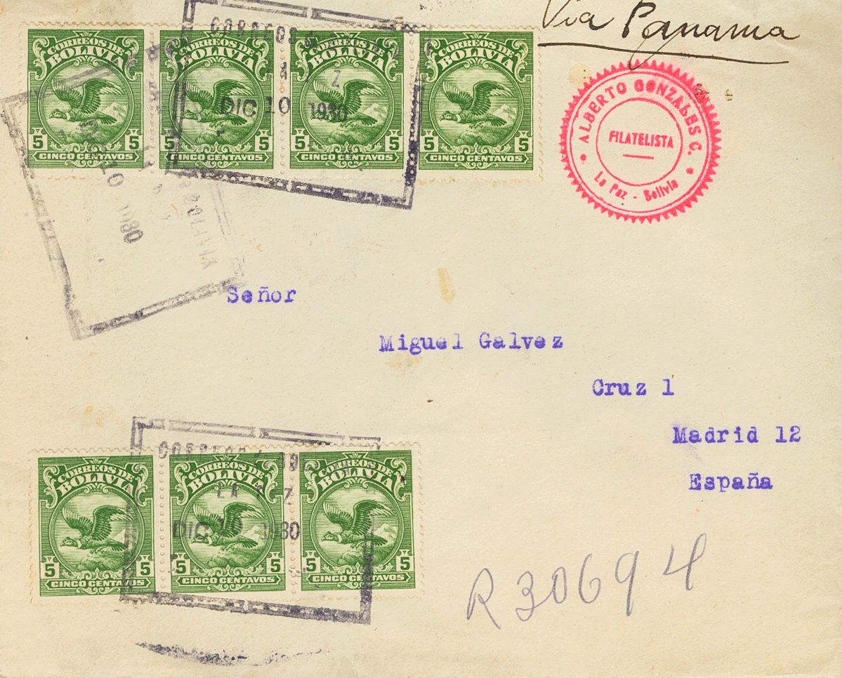 2800 Bolivia. 1930. SOBRE. Yv. 161(7). 5 Ctvos Verde, Siete Sellos. Certificado De LA PAZ A MADRID. Al Dorso Llegada. MA - Bolivië