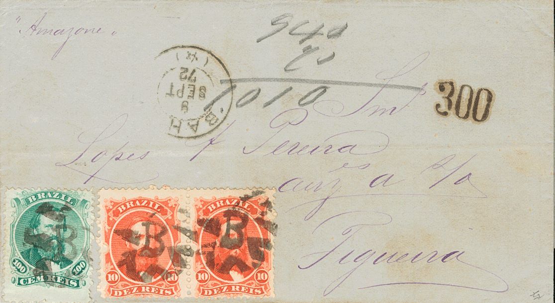 2806 Brazil. 1872. COVER. Yv. 23A(2), 27A. 10 Reis Red, Pair And 100 Reis Green. BAHIA To FIGUEIRA (PORTUGAL). "FANCY B" - Andere & Zonder Classificatie