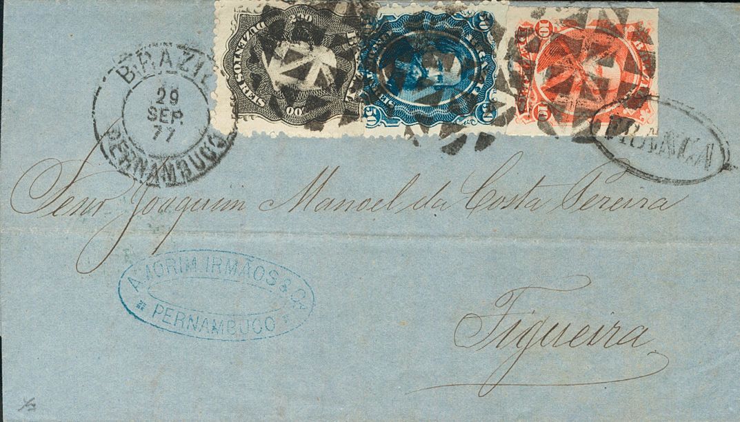 2808 Brazil. 1877. COVER. Yv. 25A, 28, 30. 50 Reis Blue, 200 Reis Black And 10 Reis Red. PERNAMBUCO To FIGUEIRA (PORTUGA - Andere & Zonder Classificatie