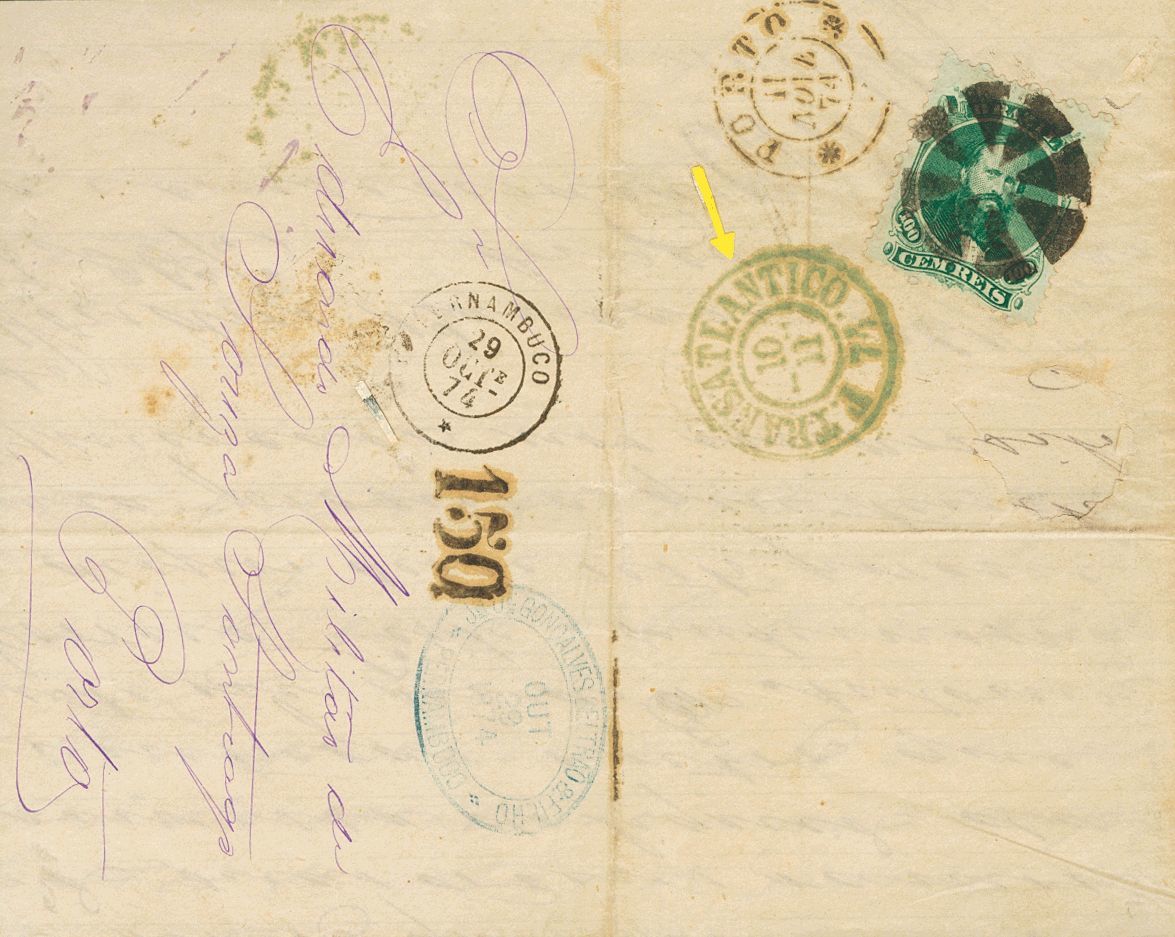 2812 Brazil. 1874. COVER. Yv. 27B. 100 Reis Green On Blued Paper (franked On Reverse). PERNAMBUCO To OPORTO (PORTUGAL).  - Andere & Zonder Classificatie