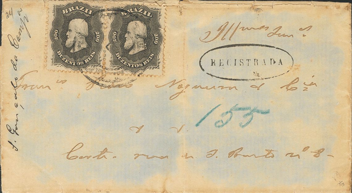 2814 Brazil. 1870. COVER. Yv. 28(2). 200 Reis Black, Pair. Registered Cover From PORTO ALEGRE To RIO DE JANEIRO (letter  - Andere & Zonder Classificatie