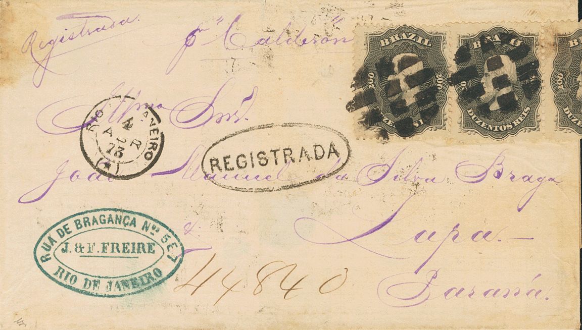 2815 Brazil. 1873. COVER. Yv. 28(3). 200 Reis Blak, Strip Of Three (one On Reverse). Registered Cover From RIO DE JANEIR - Andere & Zonder Classificatie