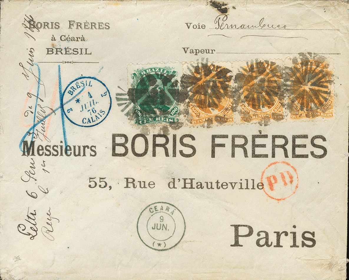 2818 Brazil. 1876. COVER. Yv. 29(3), 27A. 500 Reis Orange, Strip Of Three And 100 Reis Green. Cover Of Boris Freres From - Andere & Zonder Classificatie