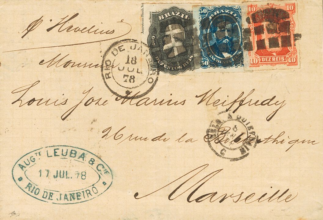 2820 Brazil. 1878. COVER. Yv. 30, 32, 35. 10 Reis Red, 50 Reis Blue And 200 Reis Black (partial Inscription American Ban - Andere & Zonder Classificatie