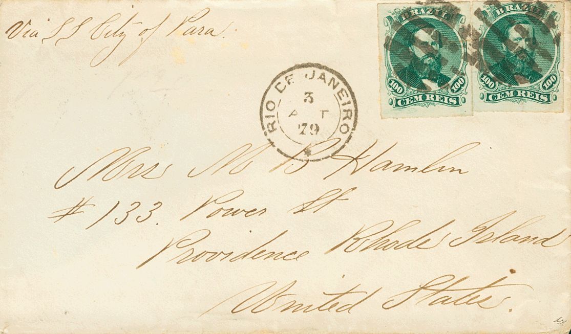 2822 Brazil. 1879. COVER. Yv. 34(2). 100 Reis Green, Two Stamps. RIO DE JANEIRO To PROVIDENCE (U.S.A.). Fancy Cancel, On - Andere & Zonder Classificatie