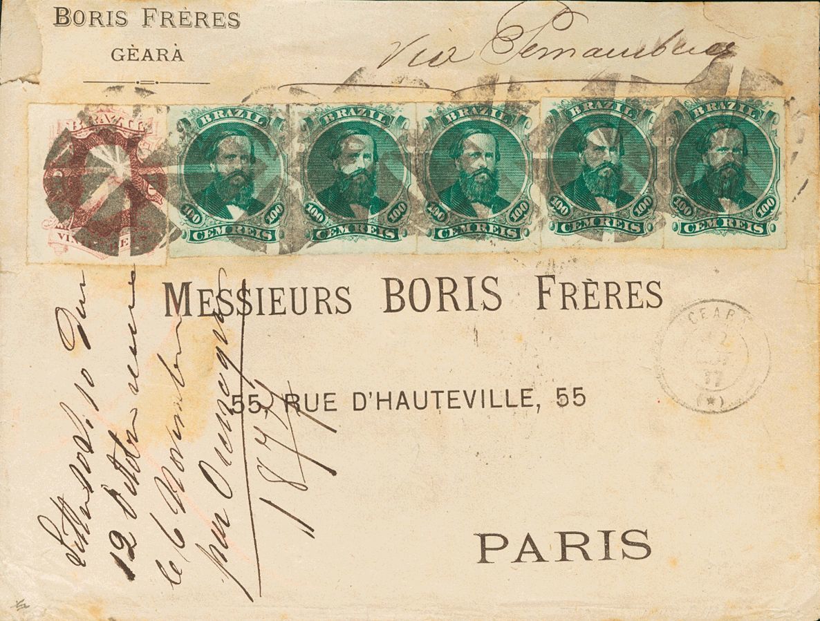 2824 Brazil. 1877. COVER. Yv. 34(5), 31. 100 Reis Green, Strip Of Five And 20 Reis Lila Chestnut. Cover Of Boris Freires - Andere & Zonder Classificatie