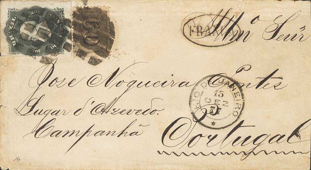 2826 Brazil. 1877. COVER. Yv. 35, 14B. 200 Reis Black And 60 Reis Black From 1866. RIO DE JANEIRO To PORTO (PORTUGAL). F - Andere & Zonder Classificatie