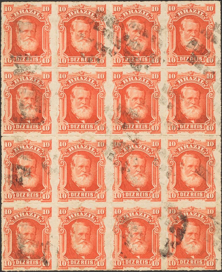 2829 Brazil. 1878. Yv. º 37(16). 10 Reis Red, Block Of Sixteen. VERY FINE AND SCARCE BLOCK, UNDOUBTEDLY ONE OF THE BIGGE - Andere & Zonder Classificatie