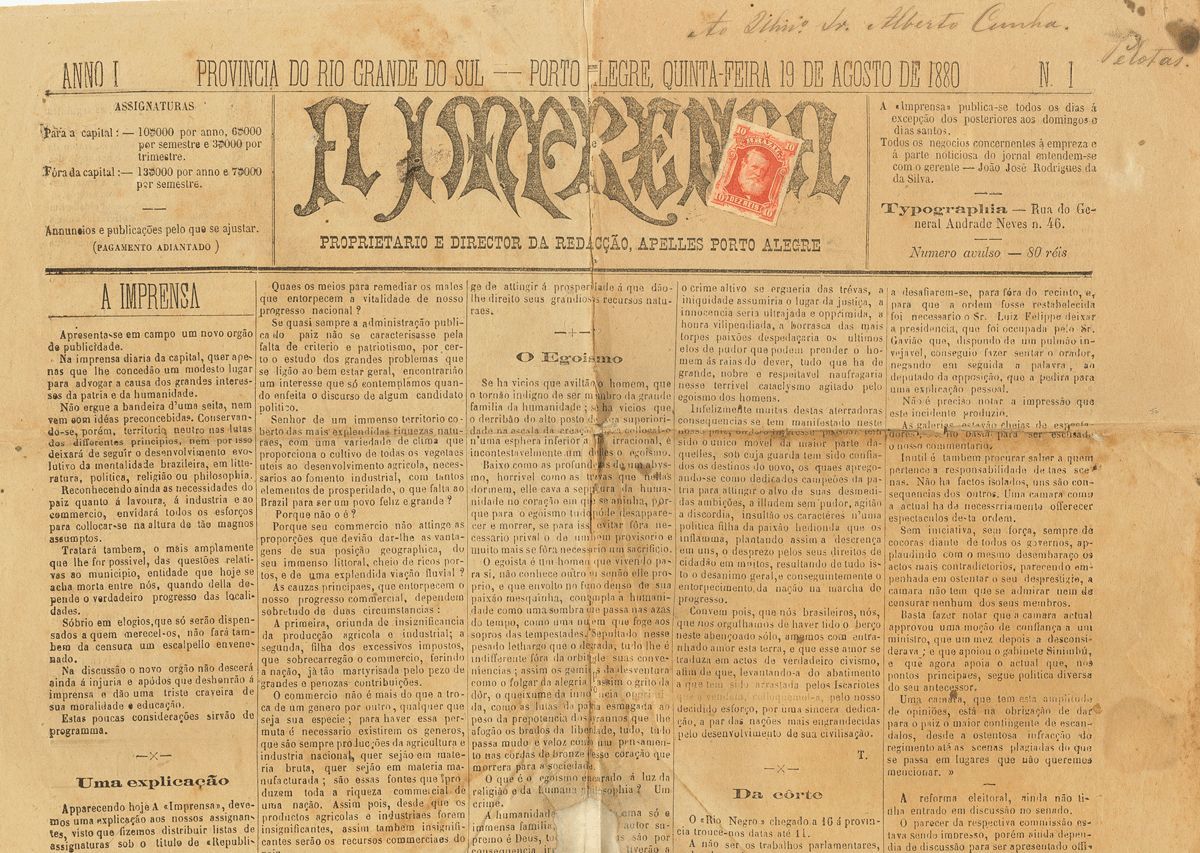 2830 Brazil. 1880. COVER. Yv. 37. 10 Reis Red. Complete Newspaper EL IMPRENSA From PORTO ALEGRE To PELOTAS. VERY FINE AN - Andere & Zonder Classificatie