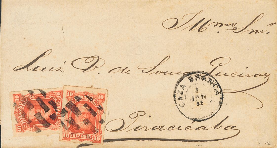 2832 Brazil. 1882. COVER. Yv. 37(2). 10 Reis Red, Two Stamps. CAZA BRANCA To PIRACICABA. Fancy Circular Segmented Lines  - Andere & Zonder Classificatie