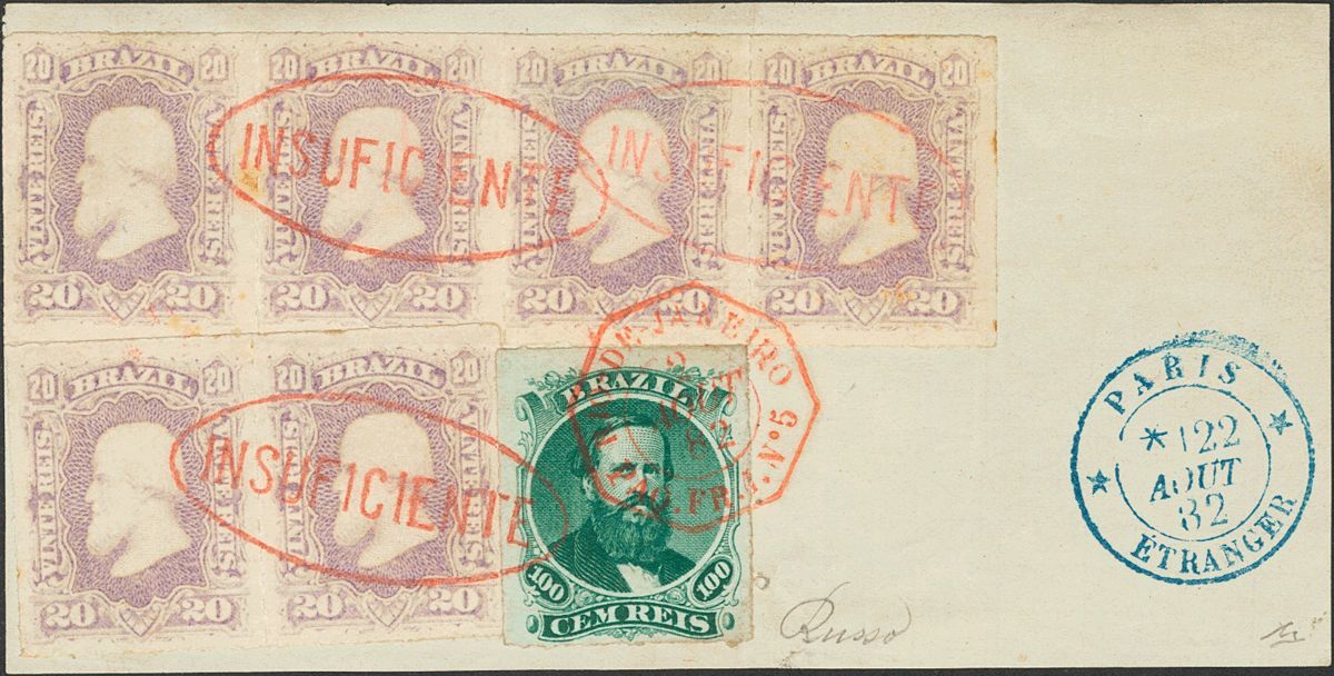 2837 Brazil. 1878. COVER. Yv. 38(6), 34. 20 Reis Purple, Strip Of Four And Pair And 100 Reis Green, On Piece. Oval Cance - Andere & Zonder Classificatie