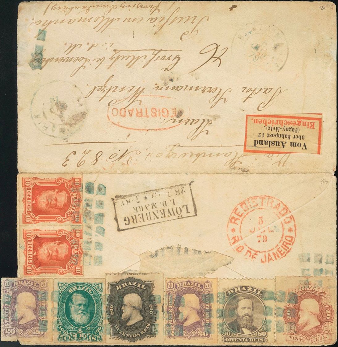 2841 Brazil. 1879. COVER. Yv. 41, 26, 31, 35, 37(2), 38(2). 100 Reis Green, 80 Reis Grey Purple, 20 Reis Lilac, 200 Reis - Andere & Zonder Classificatie