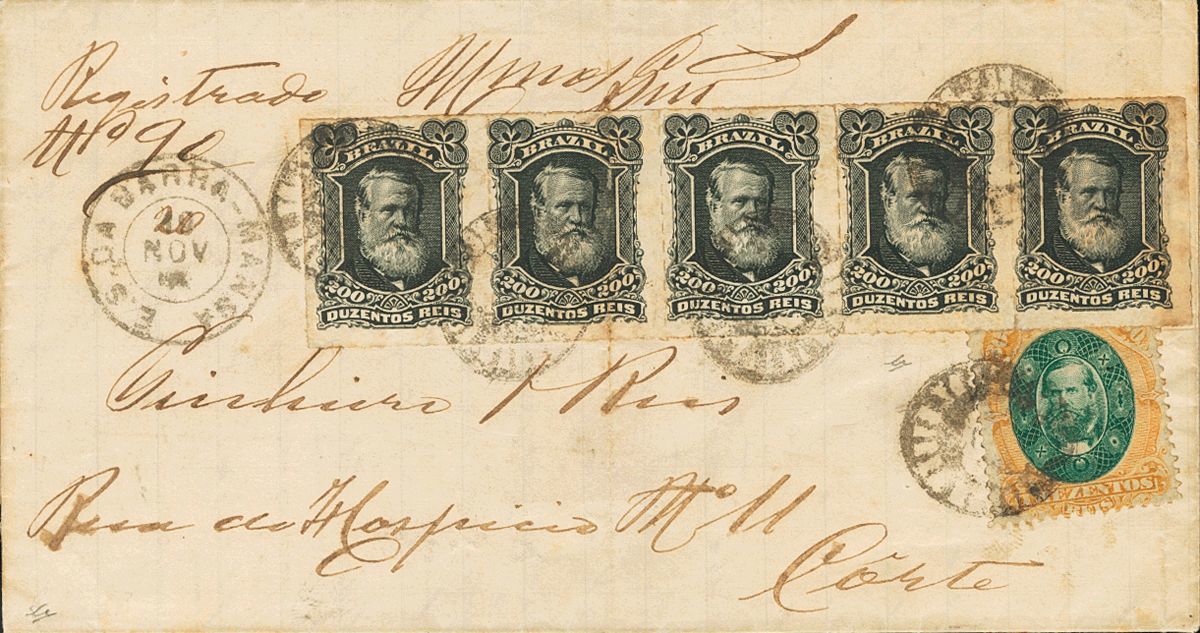 2845 Brazil. 1880. COVER. Yv. 42(5), 47. 200 Reis Black, Strip Of Five Stamps And 300 Reis Orange And Green. Registered  - Andere & Zonder Classificatie