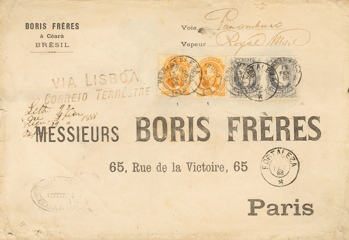 2847 Brazil. 1888. COVER. Yv. 46(2), 36(2). 1000 Reis Purple Grey, Pair And 500 Reis Orange From 1876, Two Stamps. Cover - Andere & Zonder Classificatie