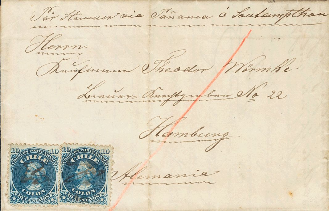 2856 Chile. 1875. SOBRE. Yv. 14(2). 10 Ctvos Azul, Dos Sellos. OSORNO (CHILE) A HAMBURGO (ALEMANIA). Inutilizados A Plum - Chili