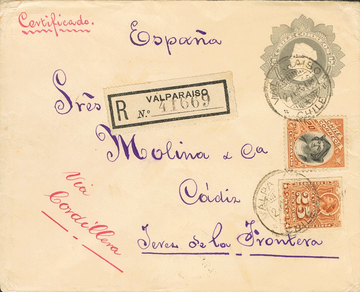 2857 Chile. Entero Postal. 1910. SOBRE. Yv. 62, 28. 5 Ctvos Gris Sobre Entero Postal Certificado De VALPARAISO A JEREZ D - Chili