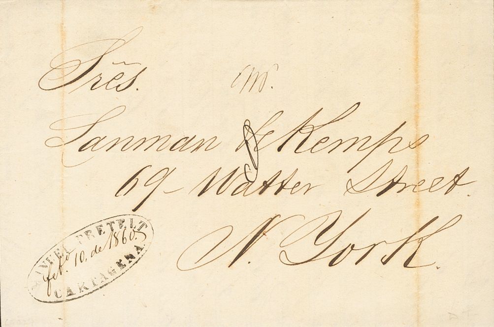 2871 Colombia. Prefilatelia. 1860. SOBRE. BOGOTA A NUEVA YORK. Marca Del Encaminador MANUEL PRETELT / CARTAGENA. MAGNIFI - Colombia