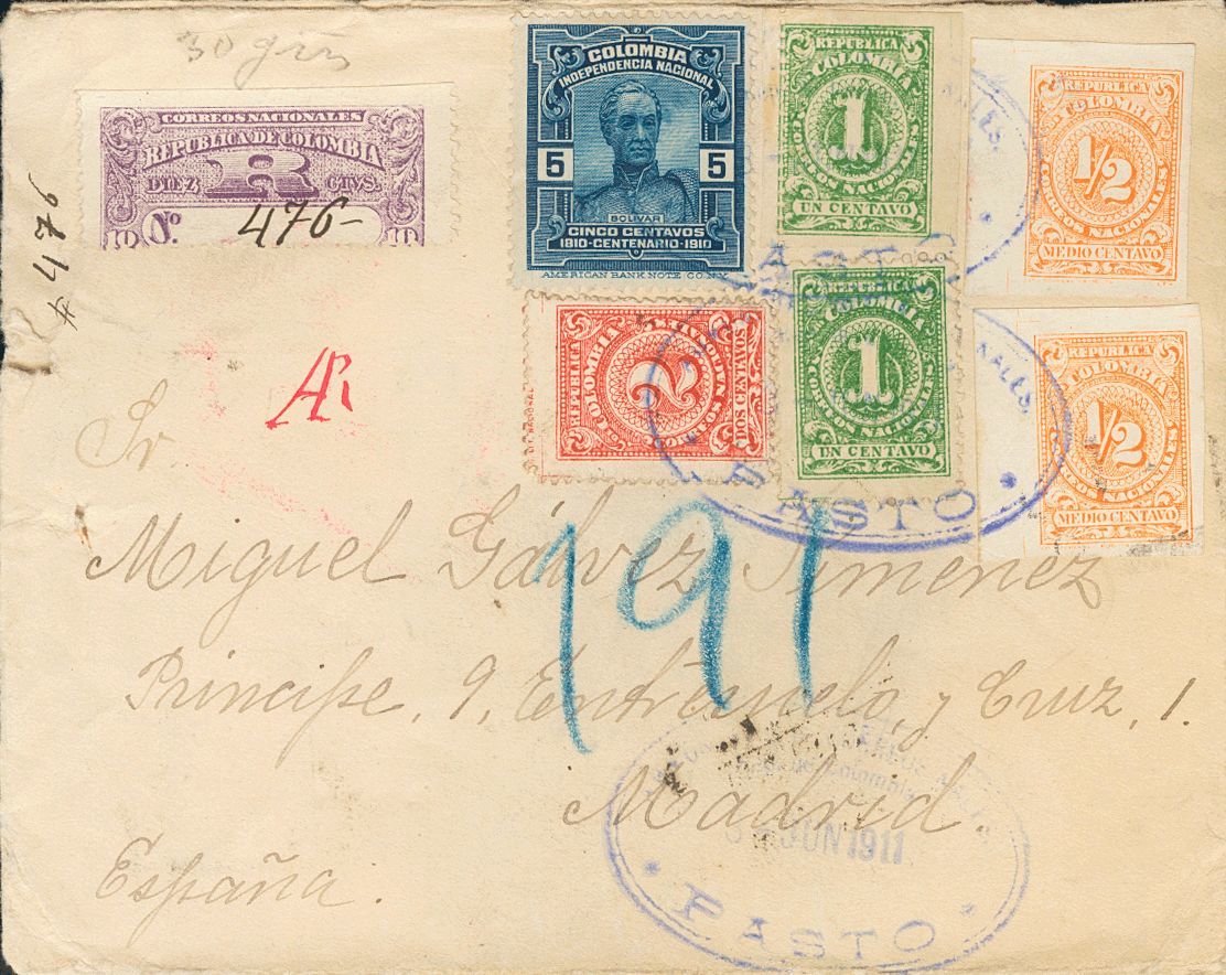 2875 Colombia. 1911. SOBRE. Yv. 185/86(2), 187, 204. ½ Ctvo Naranja SIN DENTAR, Dos Sellos, 1 Ctvo Verde, Dos Sellos (un - Colombia